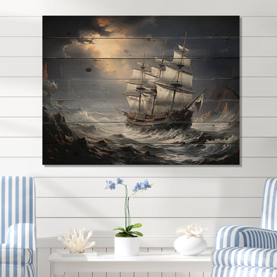 Pirate Ship At Stormy Seas I - Pirate Wood Art On Natural Pine Wood