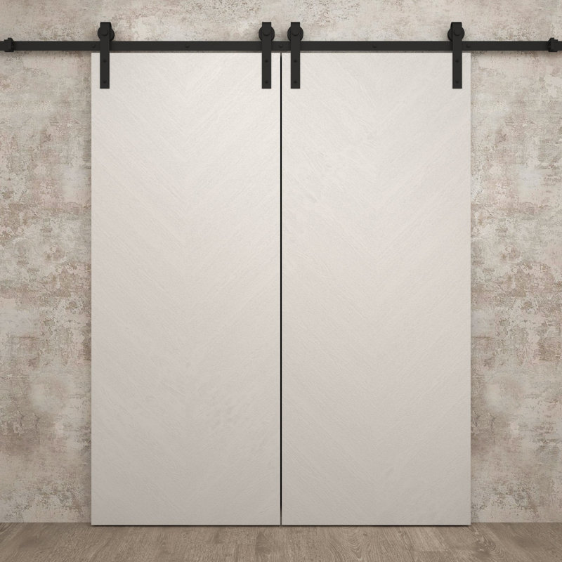 Porte de grange double moderne | Ego 5005 | Ensemble de rails | Portes intérieures solides, Chêne blanc peint, 72 po x 96 po