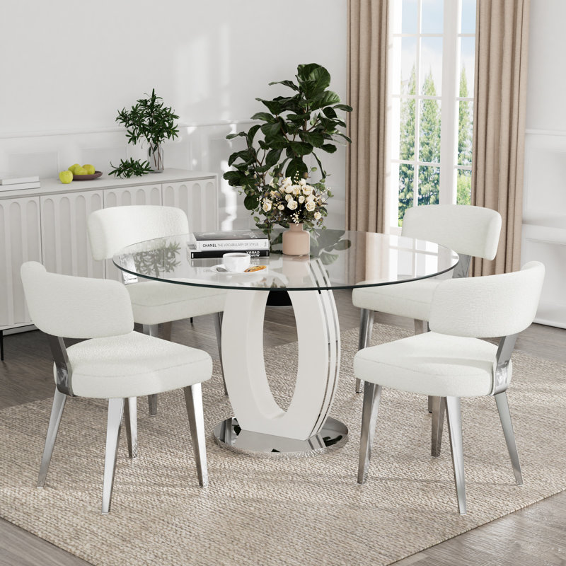 Ensemble de salle à manger à piédestal, table de salle à manger ronde 47 po et chaises Teddy, 5, Argenté / blanc, Blanc