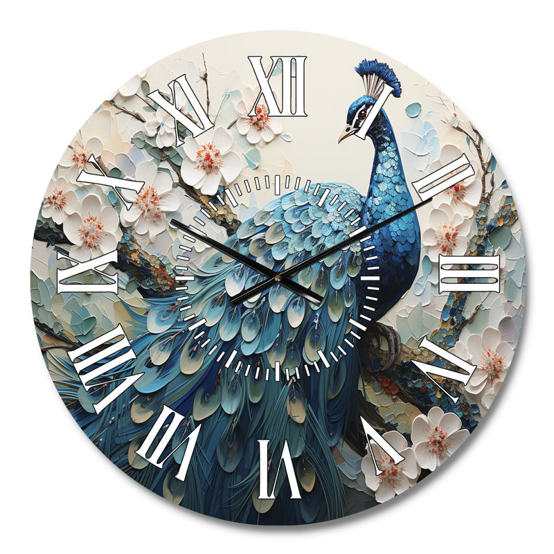 Flower Peacocks Vibrant Display I - Peacock White Face Wall Clock, Medium