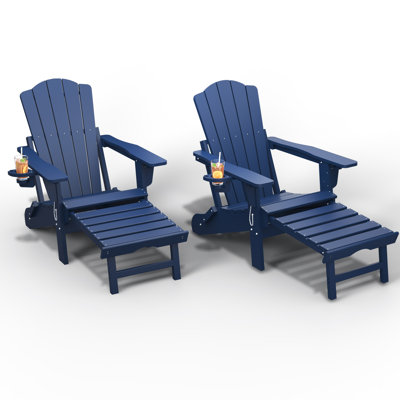 Chaise Adirondack pliante en PEHD d'extérieur bleu marine avec repose-pieds rétractable et porte-gobelet (ensemble de 2)