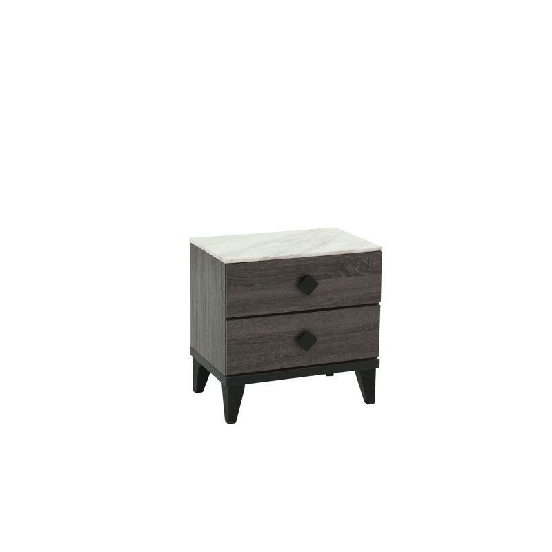 Nightstand In Dark Gray Oak With Rustic Appeal And Faux Marble, 23 X 15 Inch Accented 23" 15" H