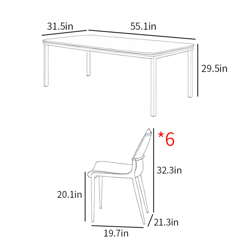 Italian style modern falshion dining table sets, 29.5" H x 55.1" L x 31.5" W