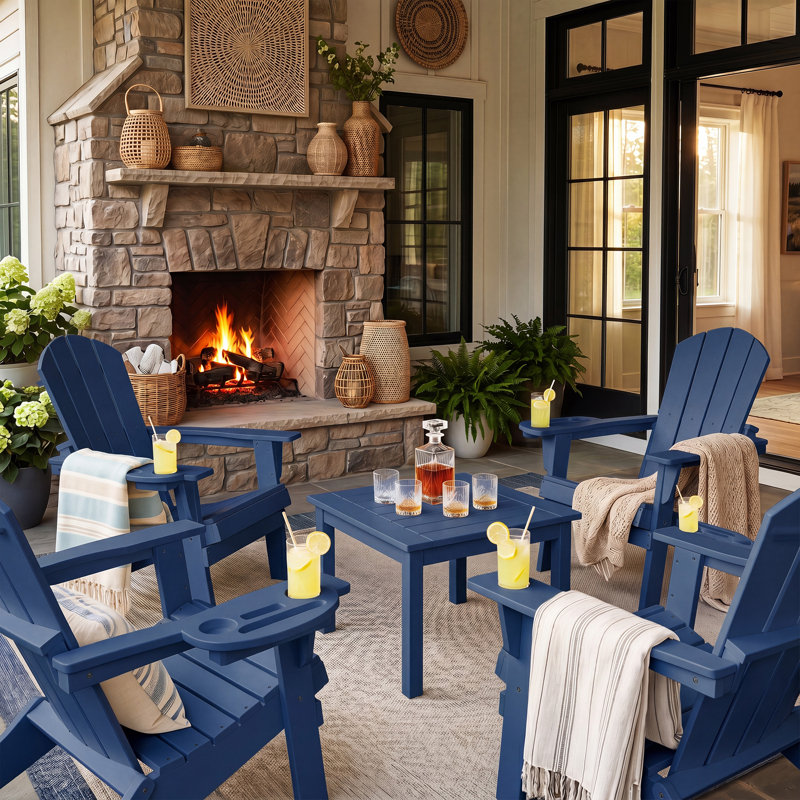  Cheryce HDPE Folding Adirondack Chair With Cup Holder, Navy Blue