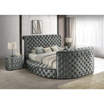 Luxurious 3-Piece Bed Nightstand Set - Deeply Tufted Headboard, Grey Velvet Upholstery, TV Lift & Fireplace by Rosdorf Park