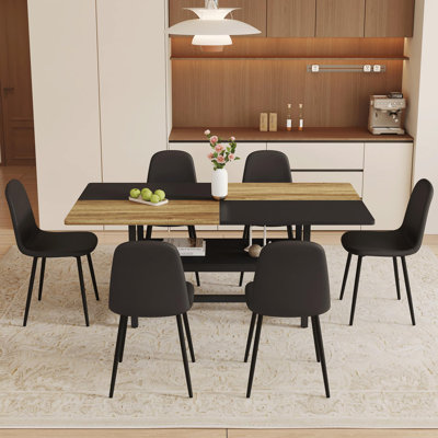 Ensemble de table de salle à manger rectangulaire pour 6 personnes, ensemble de table de salle à manger de style campagnard de 71 po avec 6 chaises rembourrées et tablette de rangement, plateau de table en bois avec structure en métal, fendu noir / bois