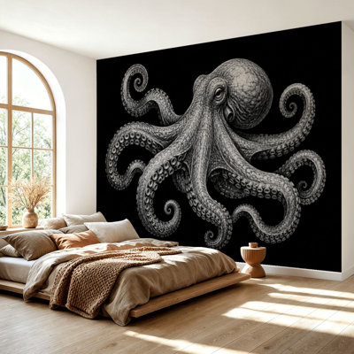 Wall Mural Peel and Stick Wallpaper Vintage white octopus black Hand drawn squid engraved ocean animal Self-Adhesive Removable Contact Paper Wall Decor for Living Room Bedroom 69"H x 96"W