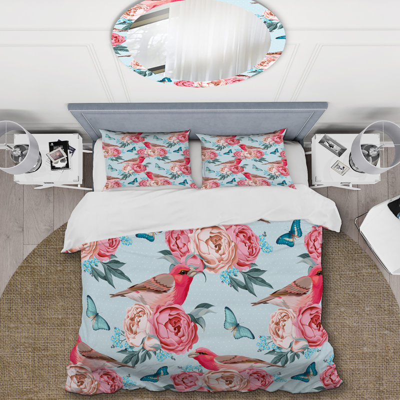 Fleurs roses et oiseaux - Ensemble de housse de couette floral - Polyester en microfibre