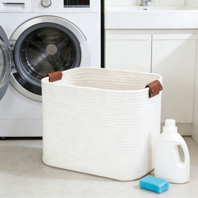 Grand panier de rangement en corde de coton tissé à la main avec poignées en cuir - panier à linge durable et rangement pour la chambre à coucher, le salon et la salle de bain