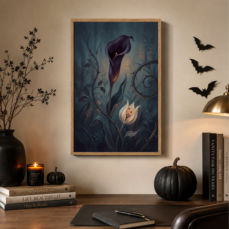 Lys calla violet foncé et vignes épineuses dans une toile murale d'Halloween sombre, H 48 po x l 32 po