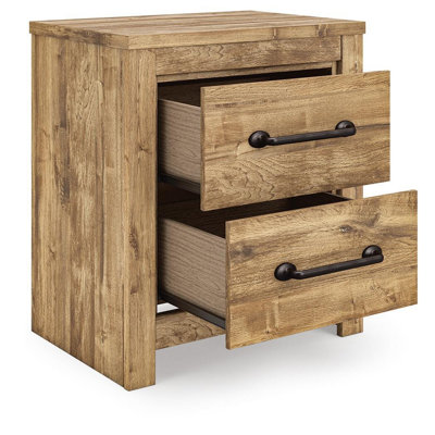 Table de chevet avec 2 tiroirs Mayna, métal étain, bois brun 25 po