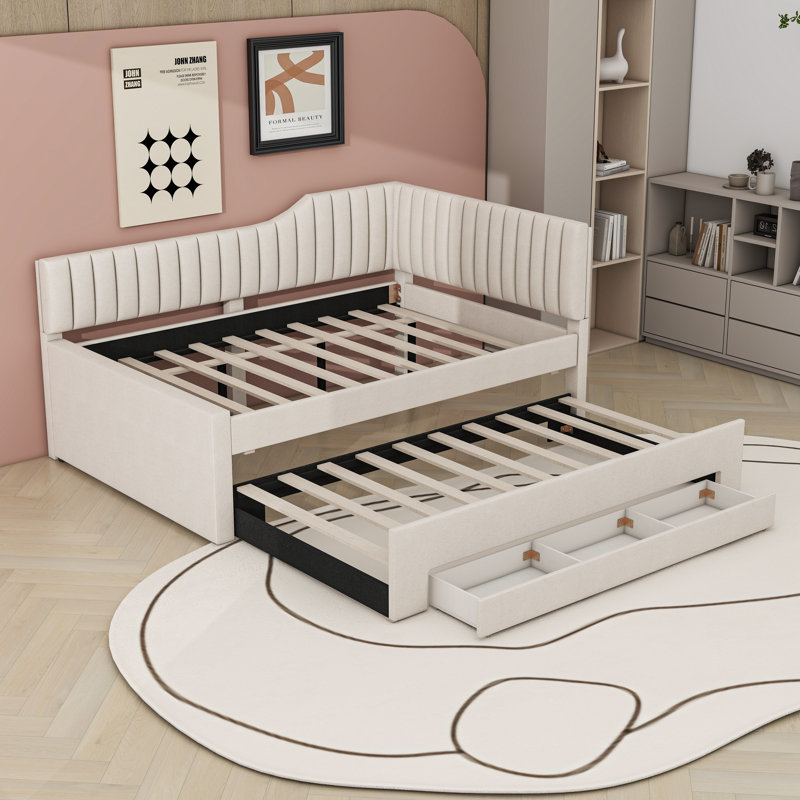 Upholstered Daybed with Trundle and Drawers, Beige, Full/Double
