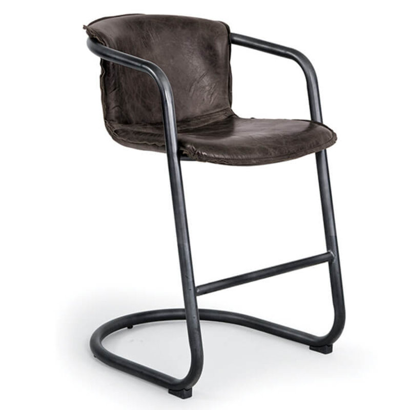Distressed Whiskey Leather and Metal Bar Stool
