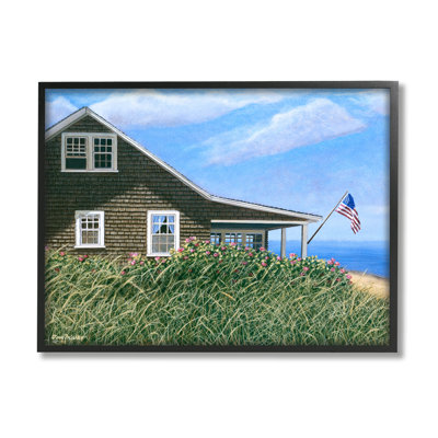 «Seaside House American Flag Peaceful Coastal Home» par Tom Mielko - peinture à cadre flottant sur toile