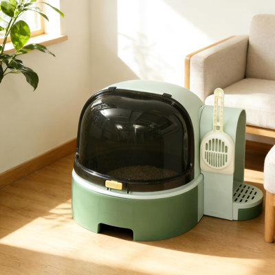 Litter Box, Removable Bottom For Easy Clean, Side Door Cat Comfort, Included, Futuristic Look, Polypropylene Covered Locking Clasp On Front, Two Steps And Tray, Private Space, Space Capsule Plastic