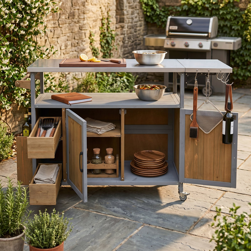 Chariot de cuisine extérieur en bois massif 54,33 "avec plateau en acier inoxydable, bleu gris / noyer, Bleu gris, brun noyer
