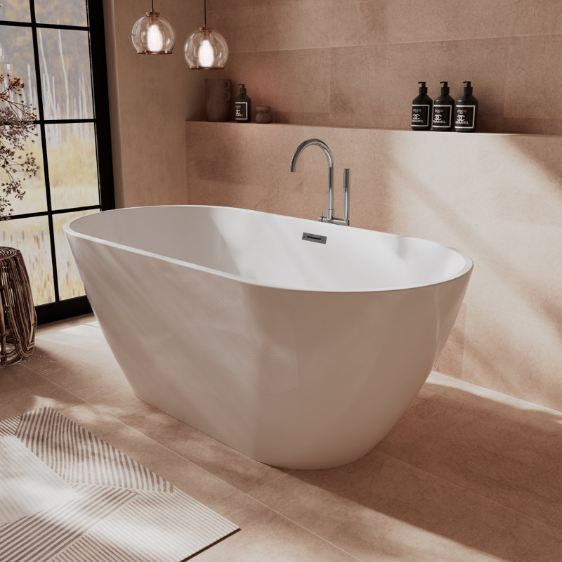 Baignoire de trempage autoportante en acrylique Flora-T 59 po x 28 8/9 po, avec drain 2 po, blanc brillant