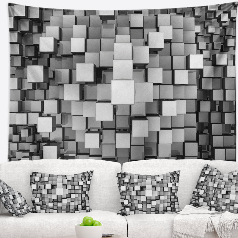 Tapisserie cubes noir et gris, H 32 po x l 39 po