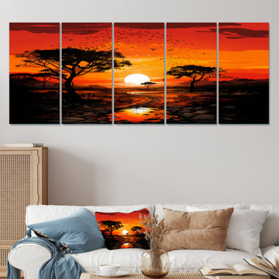«African Tree Baobab Sunset Safari - Ensemble d'art mural 5 pièces Baobab»