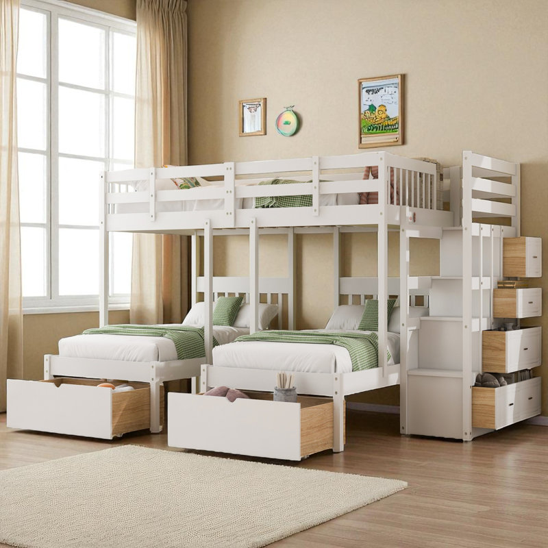 Lit double superposé double au dessus d'un lit double avec rangement, Blanc