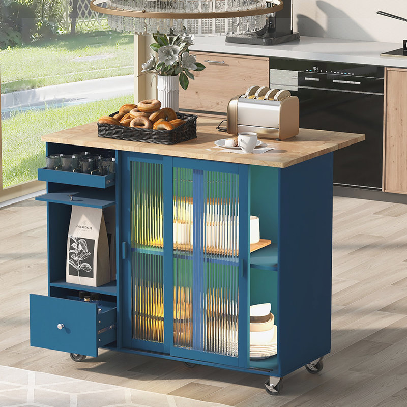 Îlot de cuisine avec plateau en bois massif Montavius, Bleu