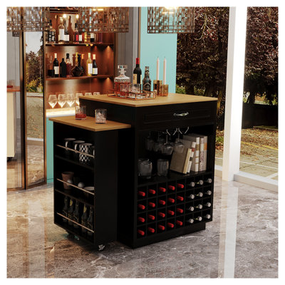 Armoire de bar extensible pour îlot de cuisine et table à vin U-Style de 73 po avec table roulante, tiroirs de rangement et tablettes ouvertes