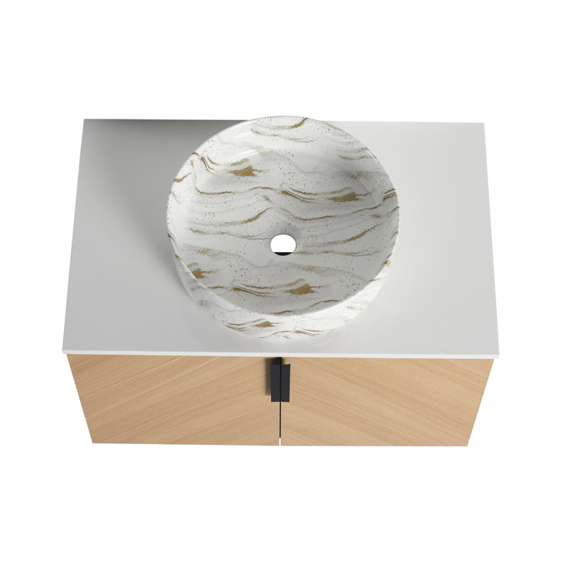 Meuble-lavabo mural en chêne avec lavabo en céramique artistique pour salle de bain moderne