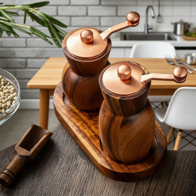Premium Acacia Wood Salt And Pepper Grinder Set With Holder - Manual Adjustable Spice Mills For Freshly Ground Seasoning