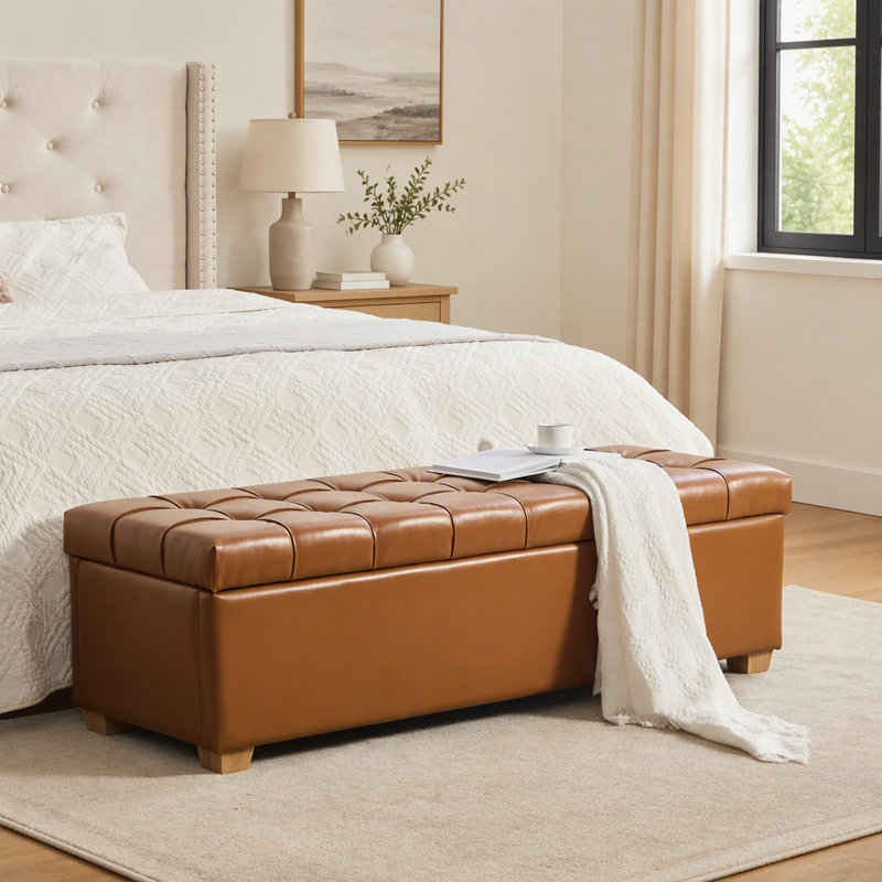 Banc de rangement rembourré en PU de 153 cm de large, pouf capitonné à couvercle rabattable pour une utilisation polyvalente à la maison et des sièges supplémentaires avec un grand espace de rangement