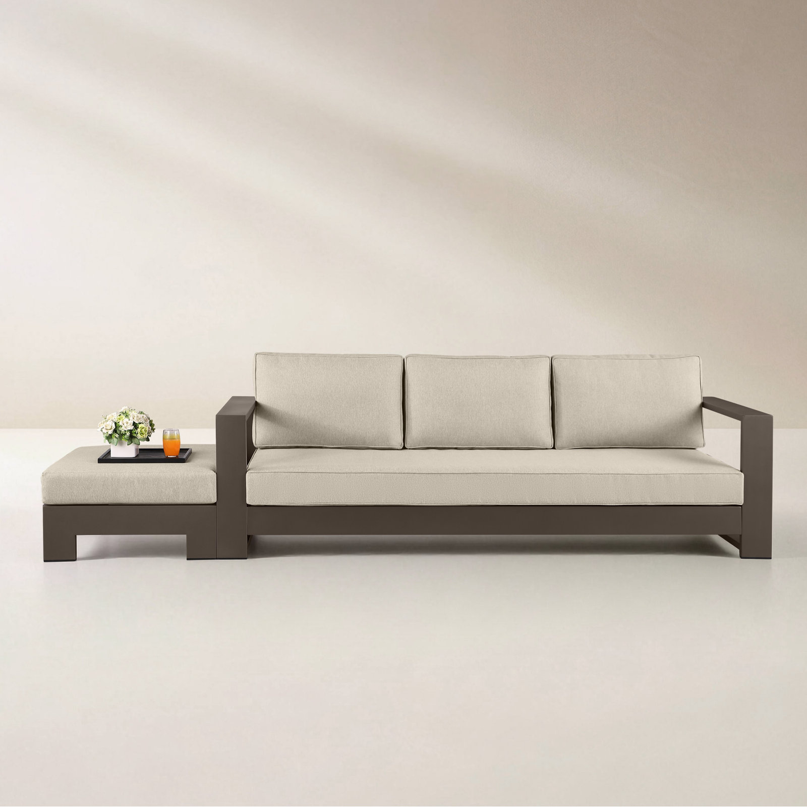 Hoyt 92.52" Outdoor Aluminum Sofa with Optional 27.56" Versatile Ottoman, Khaki, Bronze, Yes