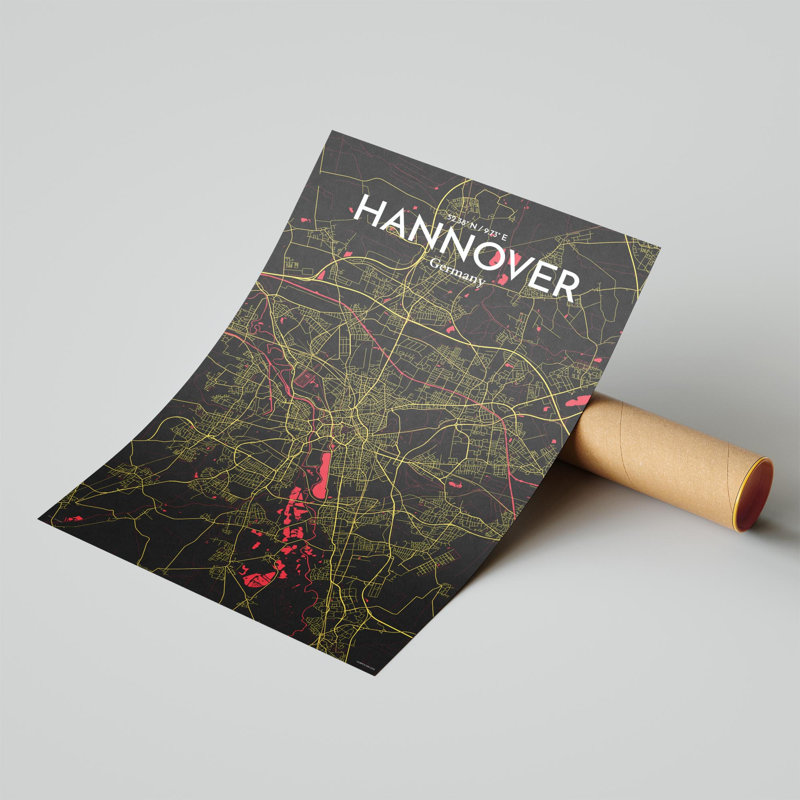 «Hannover City Map», impression, H 17 po x l 11 po, Noir / rouge / jaune