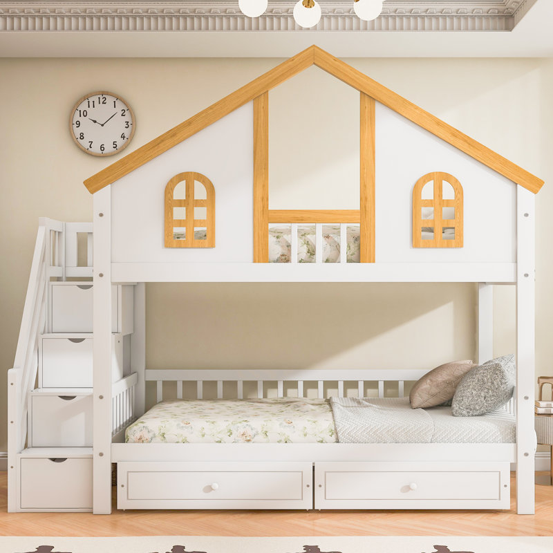  Lit superposé simple au-dessus de simple avec fenêtre, toit et escalier de rangement, blanc et naturel, Twin