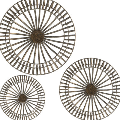 Three Piece Iron Metal Disc Wall Decor, Design And Floral Medallion, Ideal For , 20.5 Inches Wide Of 3 Decorations, - Like Shape With Brown Gray Iron, 20.5x20.5x3 Size