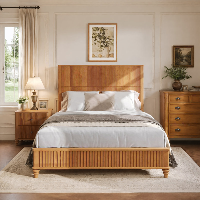 Base de lit en bois massif, cadre de lit plateforme grand avec tête de lit, tête de lit haute en bois naturel, aucun sommier requis, naturel