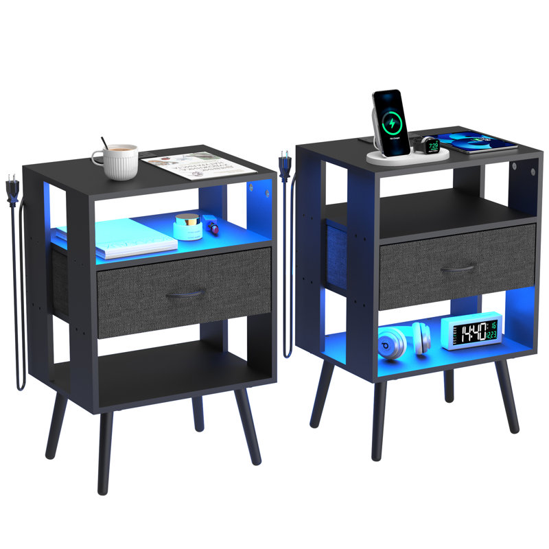 Ensemble de 2 tables de chevet modernes avec station de charge, tables de chevet avec éclairage DEL et tiroirs en tissu, Noir