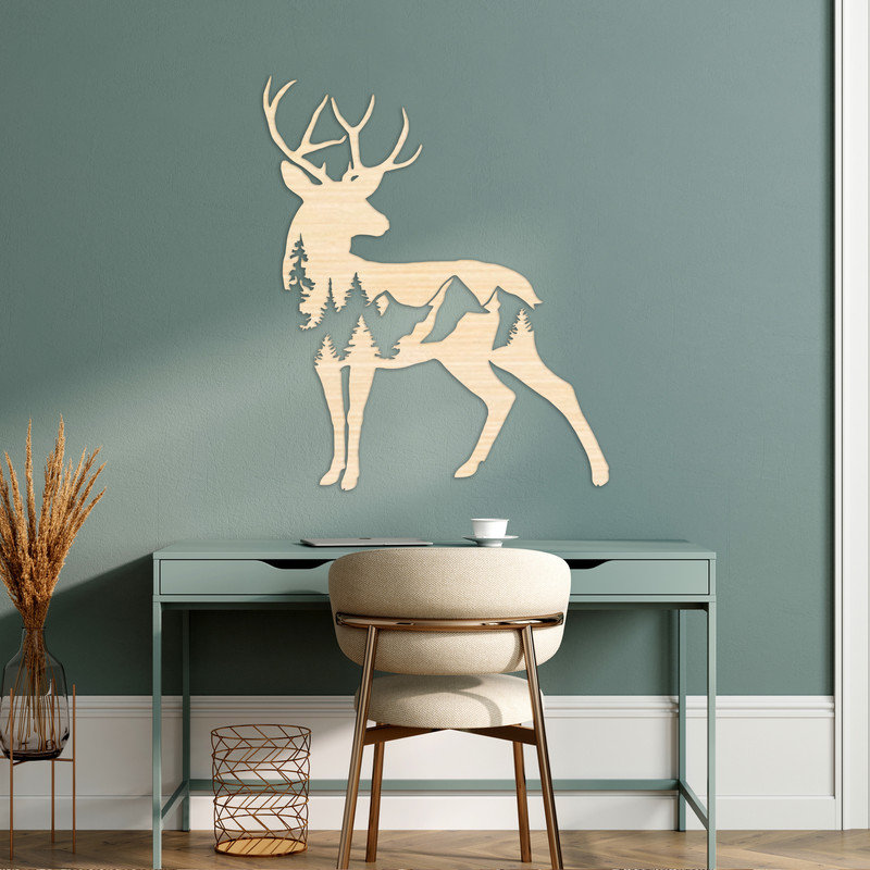Art mural abstrait avec des cerfs et des montagnes - ACM, H 32 po x l 26,7 po x P 0,25 po, Argent