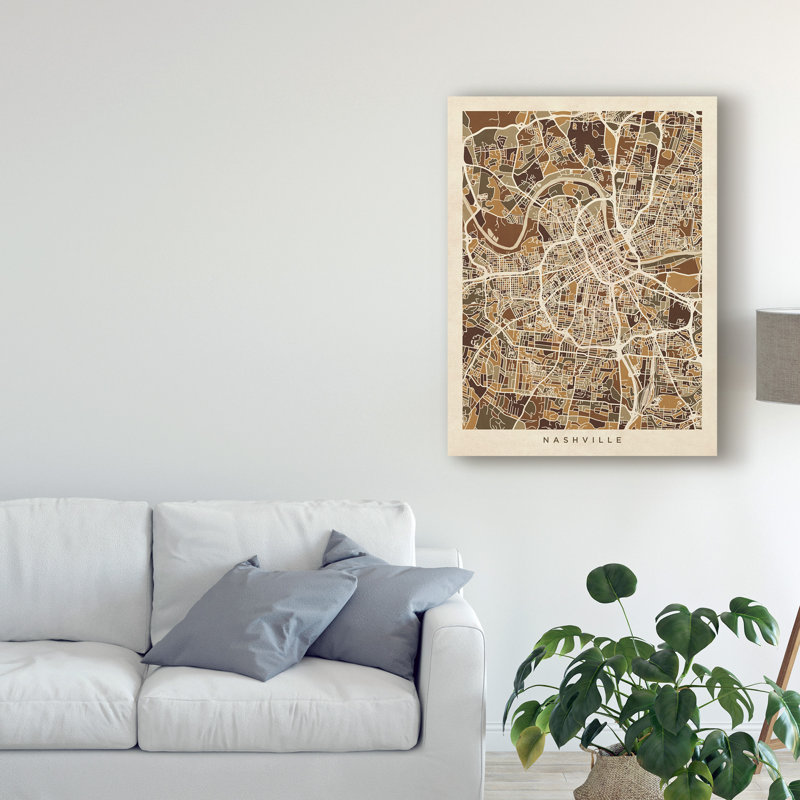 « nashville tennessee city map brown », impression sur toile tendue, H 19 po x l 14 po x P 2 po