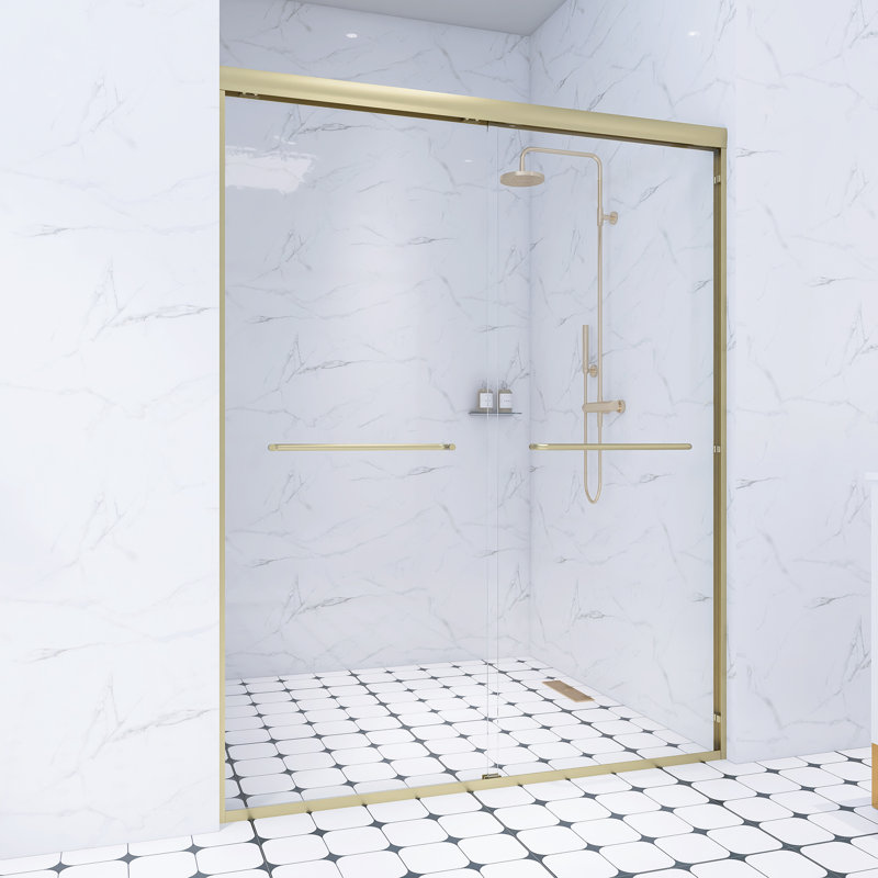 56 - 60" W X 72" H Semi-Frameless Double Sliding Shower Door With 1/4" (6Mm) Tempered Glass, Brushed Gold