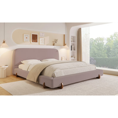 Pink King Bed Frame With Brown Rubber Wood Legs, 4 - Inch Thick Double Sided Bed, Stable And Elegant Appearance For Bedroom Velvet Upholstery, Stylish