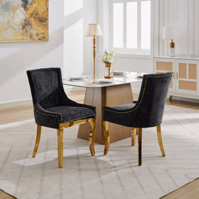 Chenille Dining Chairs Modern Style With Curved Gold  Plated Legs And Rivet Trim Upholstered Comfort