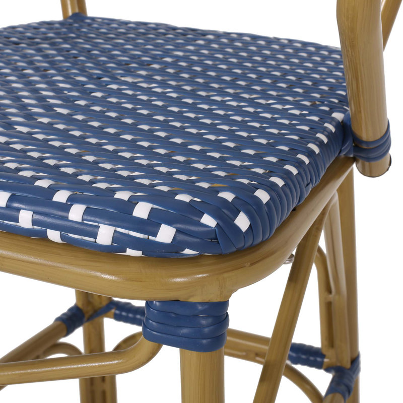 Outdoor Wicker and Aluminum 29.5" French Barstools, Set of 2, Bamboo Print Finish, Navy Blue