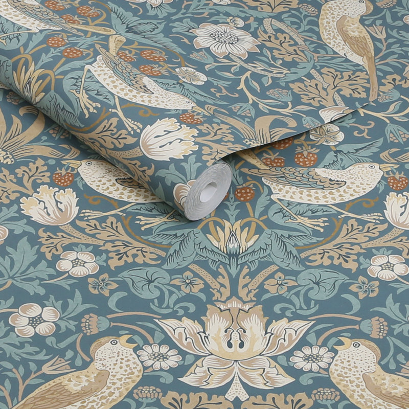 Grody Strawberry Thief Washed Blue Wallpaper