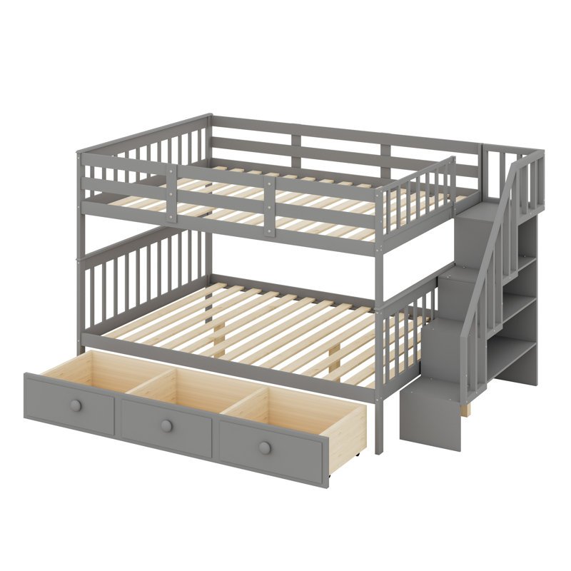 Lit superposé avec escalier, tiroir de rangement et garde-corps, peu encombrant pour les chambres d'enfants, Gris