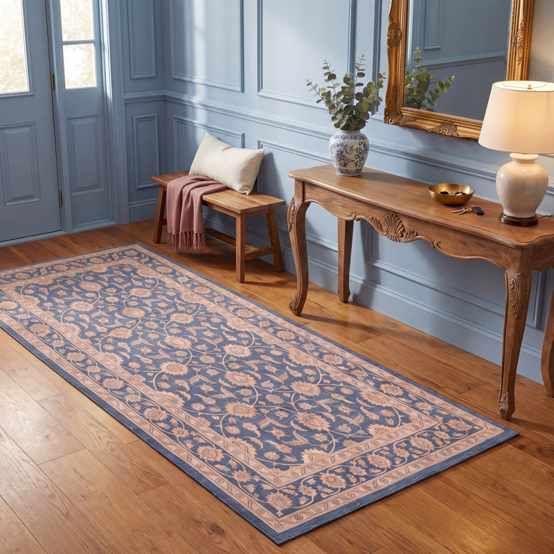 Tapis traditionnel à motif floral intégral Sorrel, couleur marine, ivoire, or, vert et rose, lavable à la machine, antidérapant, à poils courts, idéal pour l'intérieur et l'extérieur, adapté aux animaux domestiques, pour salon, chambre, salle à manger, entrée, couloir, bureau.