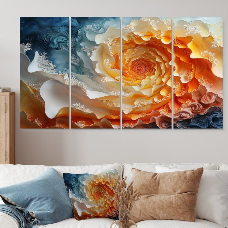 «Yellow and Orange Sunrise Abstract Waves I», ensemble d'art mural spirales abstraites, H 32 po x l 64 po