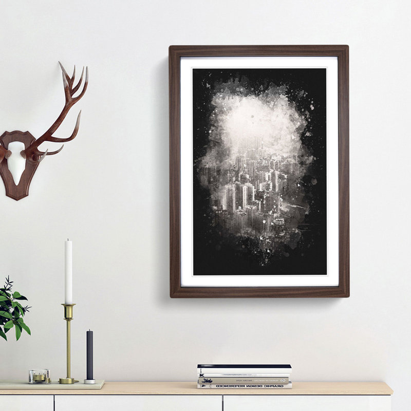 Hong Kong Skyline Abstract Paint Splash - Picture Frame Graphic Art, 87cm H x 62cm W x 2cm D, Walnut Framed