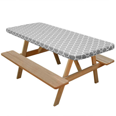  Fitted Vinyl Tablecloth W/ Flannel Backing, Gray Moroccan