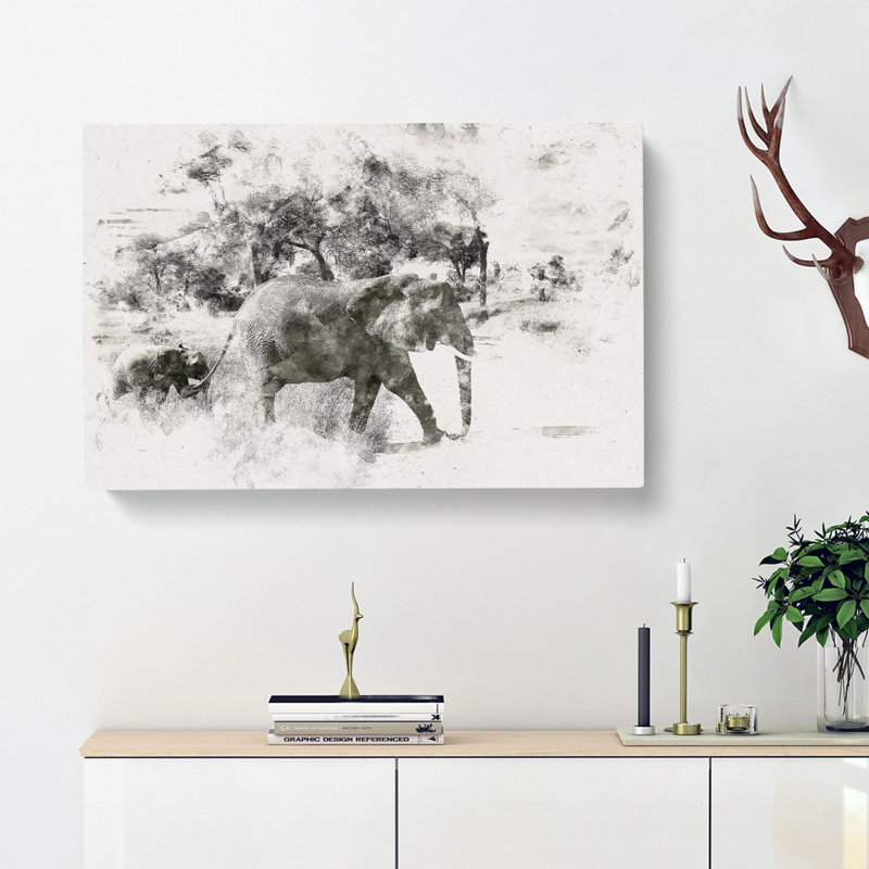 Mother & Baby Elephant Strolling Watercolour - Wrapped Canvas Print, 45cm H x 76cm W x 4cm D