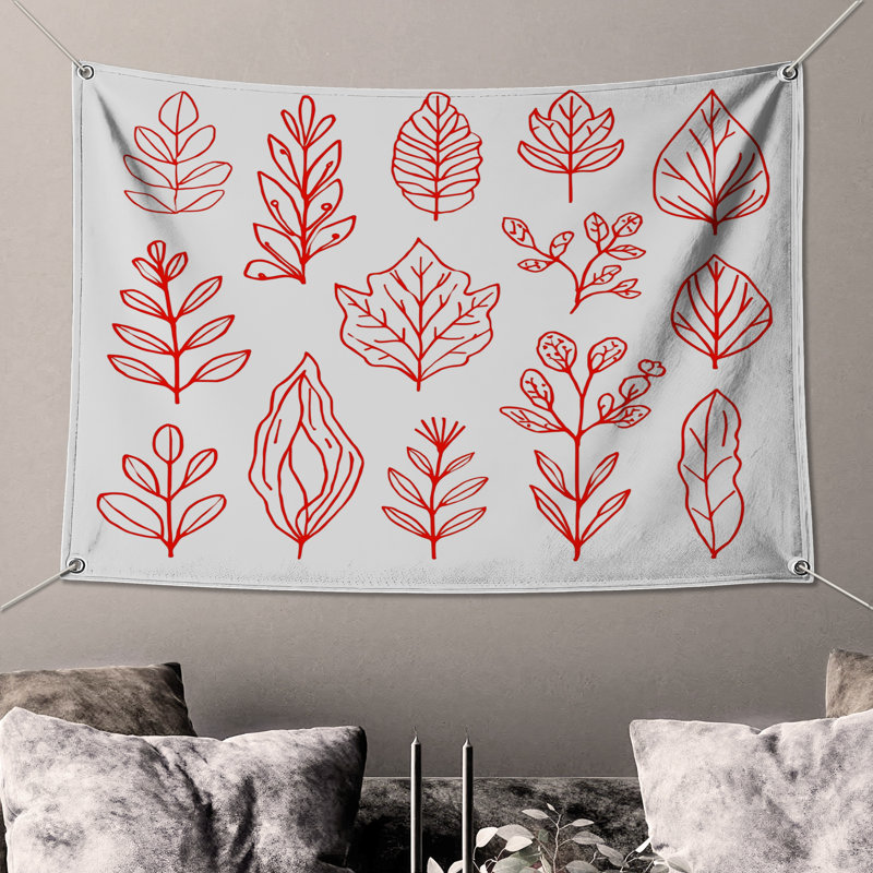 Tapisserie murale «Red Leaf Illustration» - décoration murale feuilles, 68 po H x 80 po L avec 4 œillets
