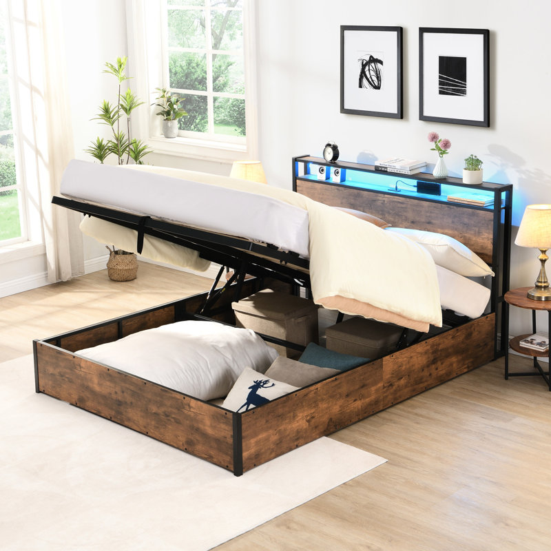 Lit de rangement en bois brun rustique avec tête de lit bibliothèque et compartiment à éclairage à DEL